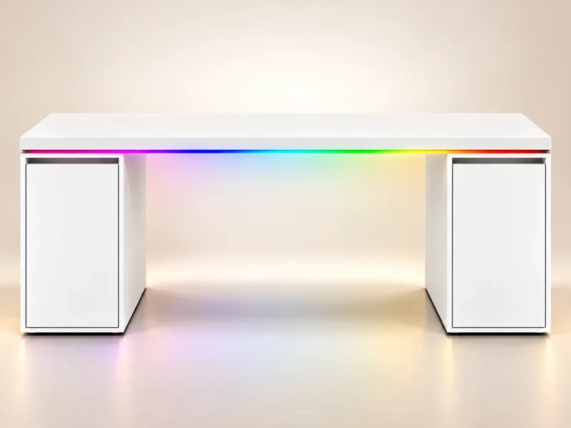 طاولة جيمنج «أليكسا» بيضاء بشريط ليد RGB على حافة السطح