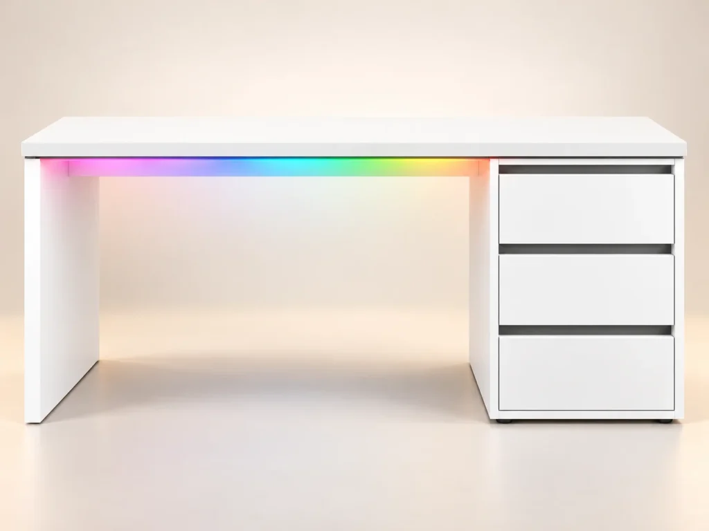 طاولة جيمنج «سيري» بيضاء بشريط ليد RGB على حافة السطح